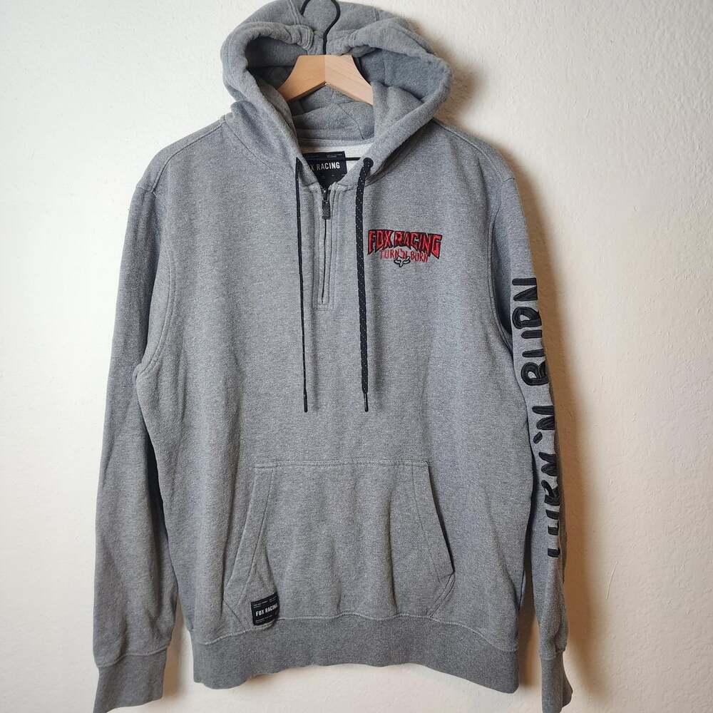 Fox Racing Hoodie Mens Large Gray 1/4 Zip Turn N Burn Graphic Fleece Pullover